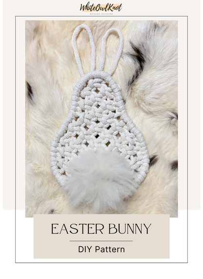 Macrame Easter bunny pattern on a textured fabric background with 'WhiteOwlKnot' branding.