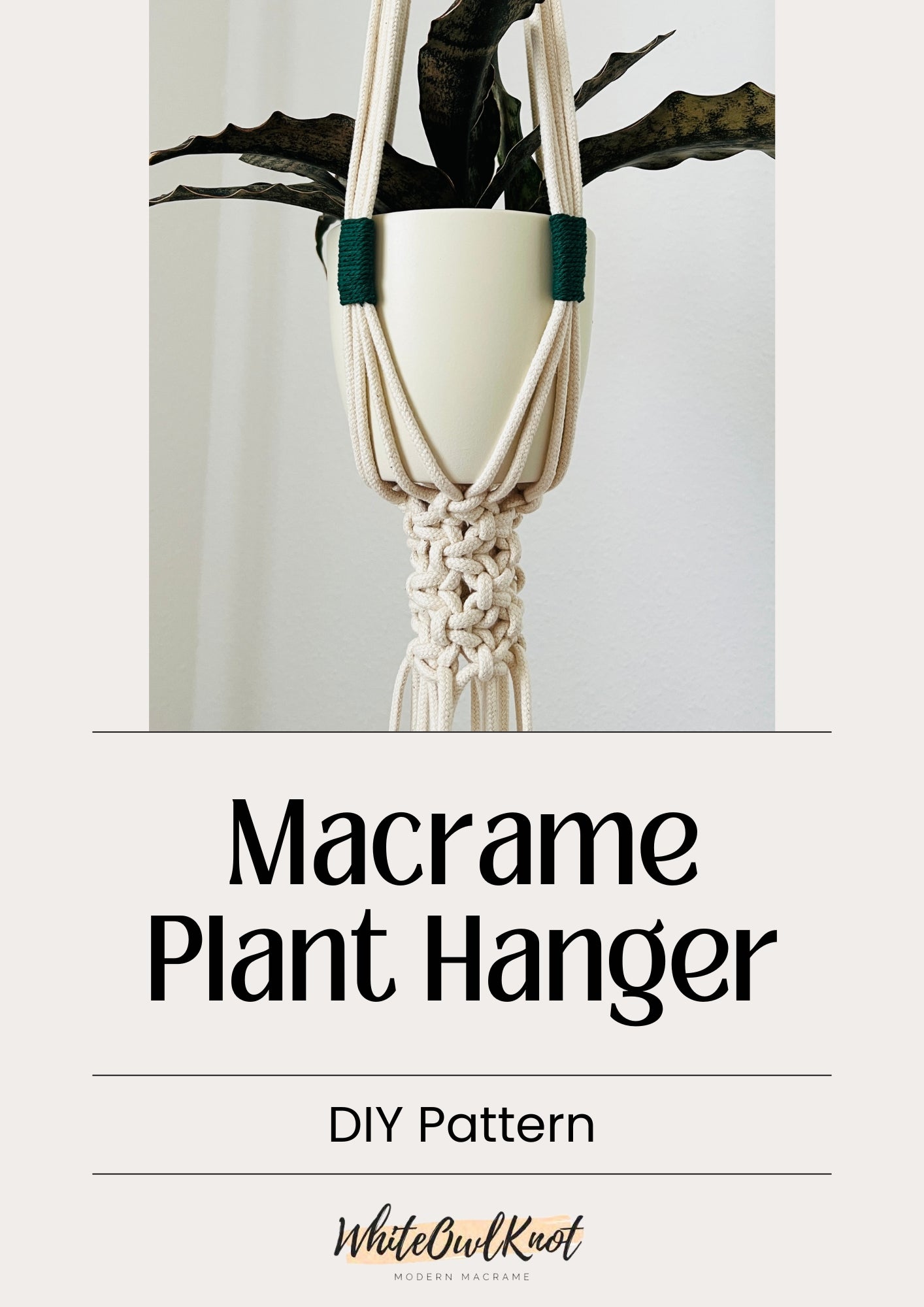 Macrame plant hanger with a plant on a light gray background, featuring the brand 'White Owl Knot'.