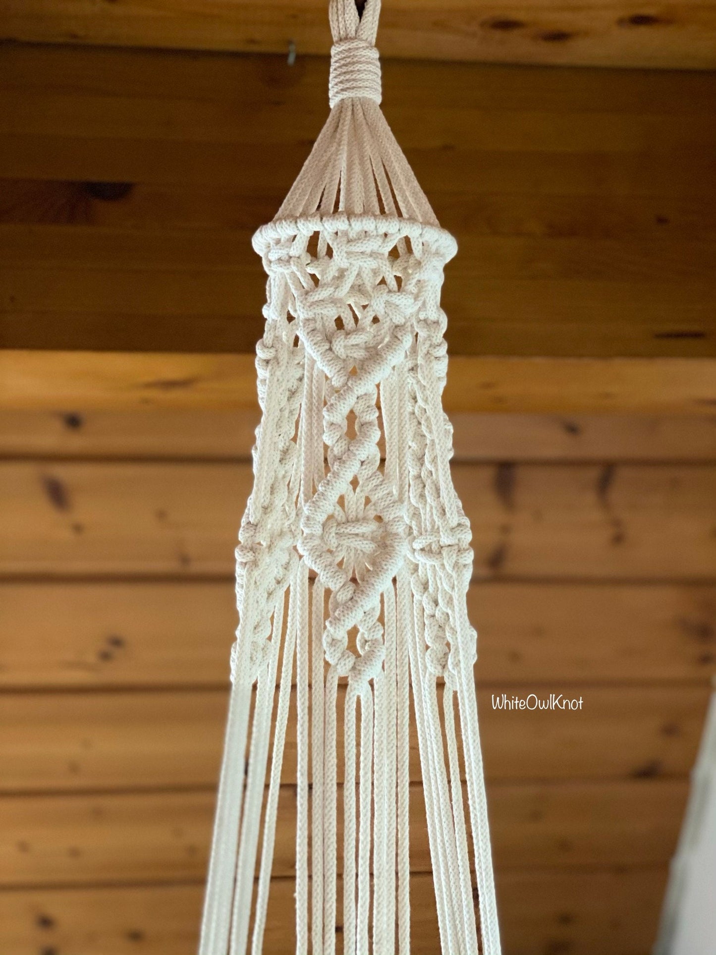 Macrame hanging plant holder against a wooden wall
