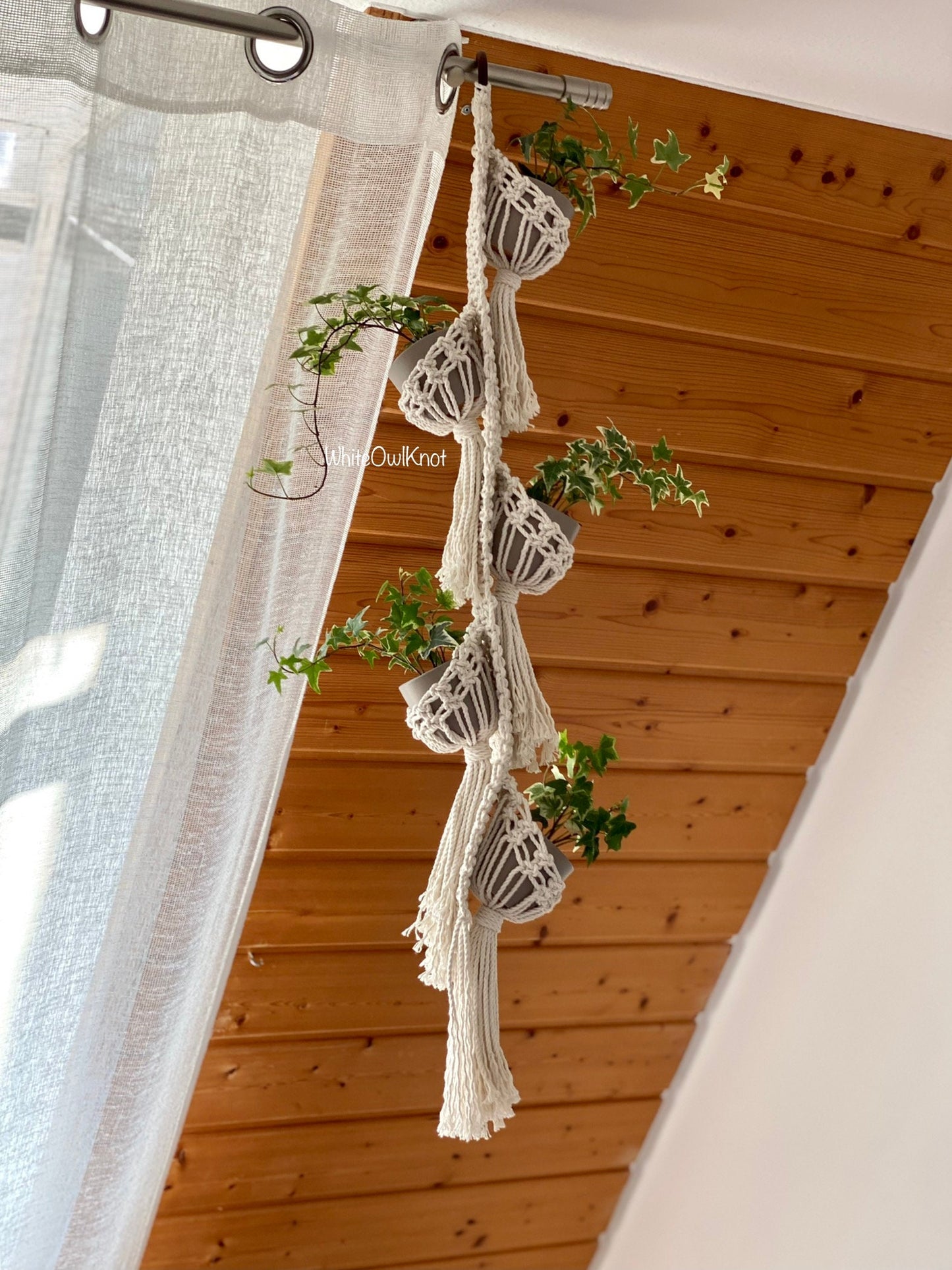 Multiple Macrame plant hanger with plants against a wooden ceiling