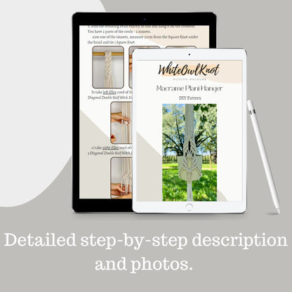 Two tablets displaying a macrame plant hanger pattern with a white background