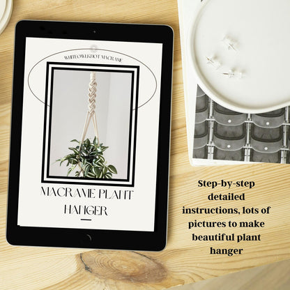 Tablet displaying a macrame plant hanger tutorial on a wooden surface