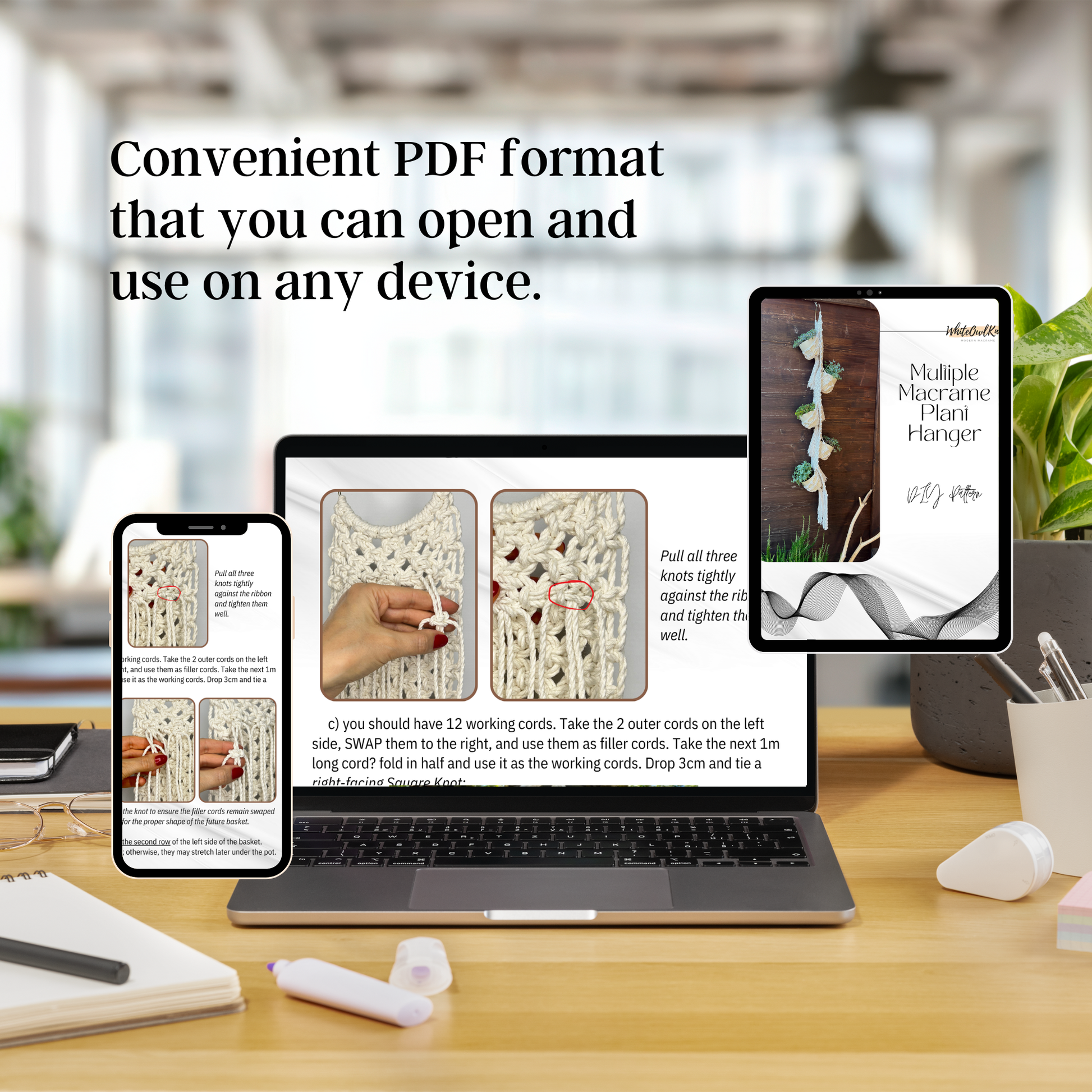 Digital content displayed on a laptop, phone, and tablet with a blurred office background.