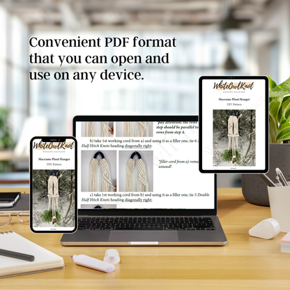 Laptop displaying a PDF on a desk with text 'Convenient PDF format that you can open and use on any device.'