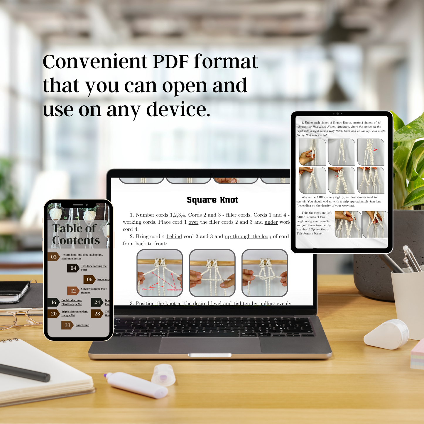 Laptop, tablet, and smartphone displaying a PDF on a desk with a blurred office background.