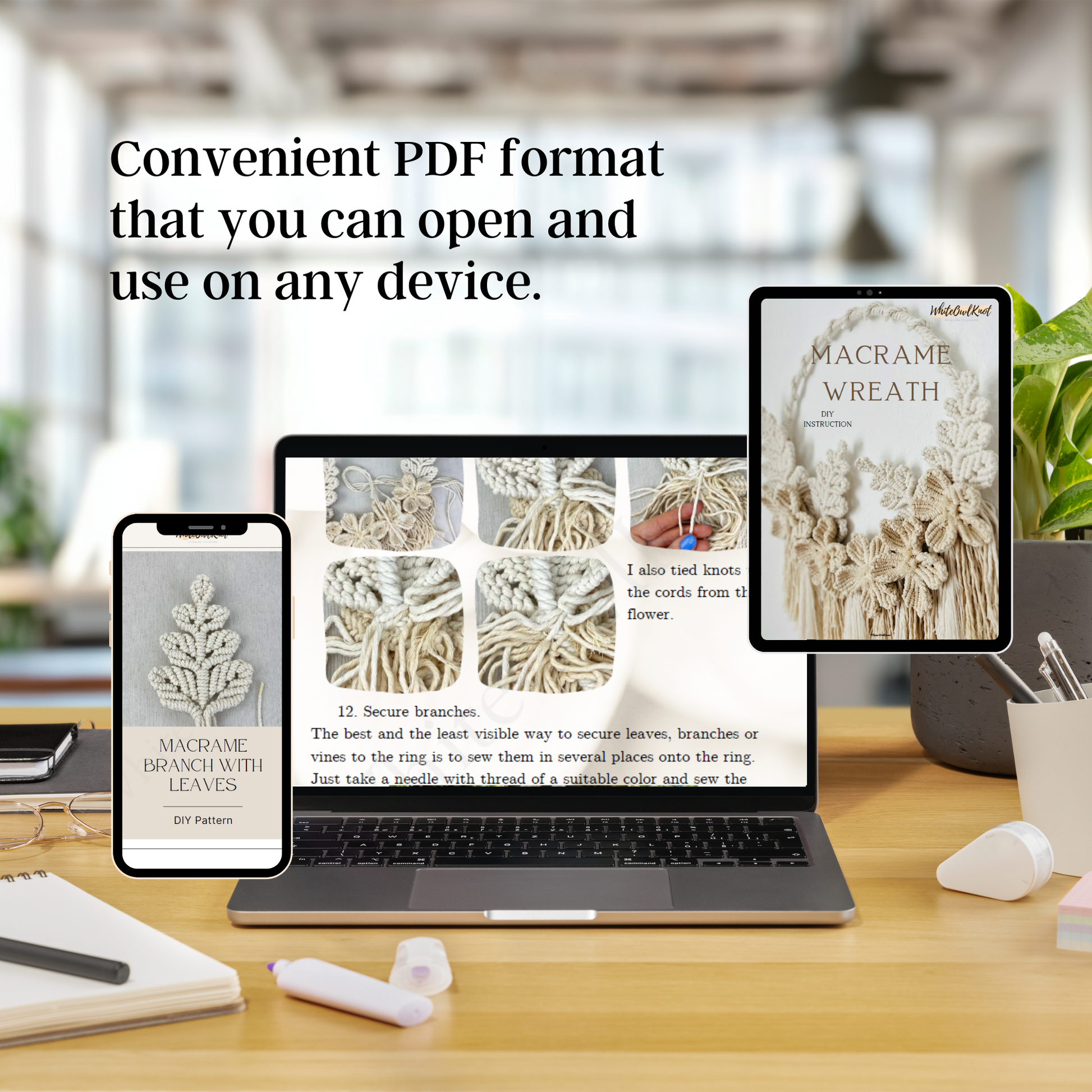 Digital devices displaying a PDF on a desk with text 'Convenient PDF format that you can open and use on any device.'