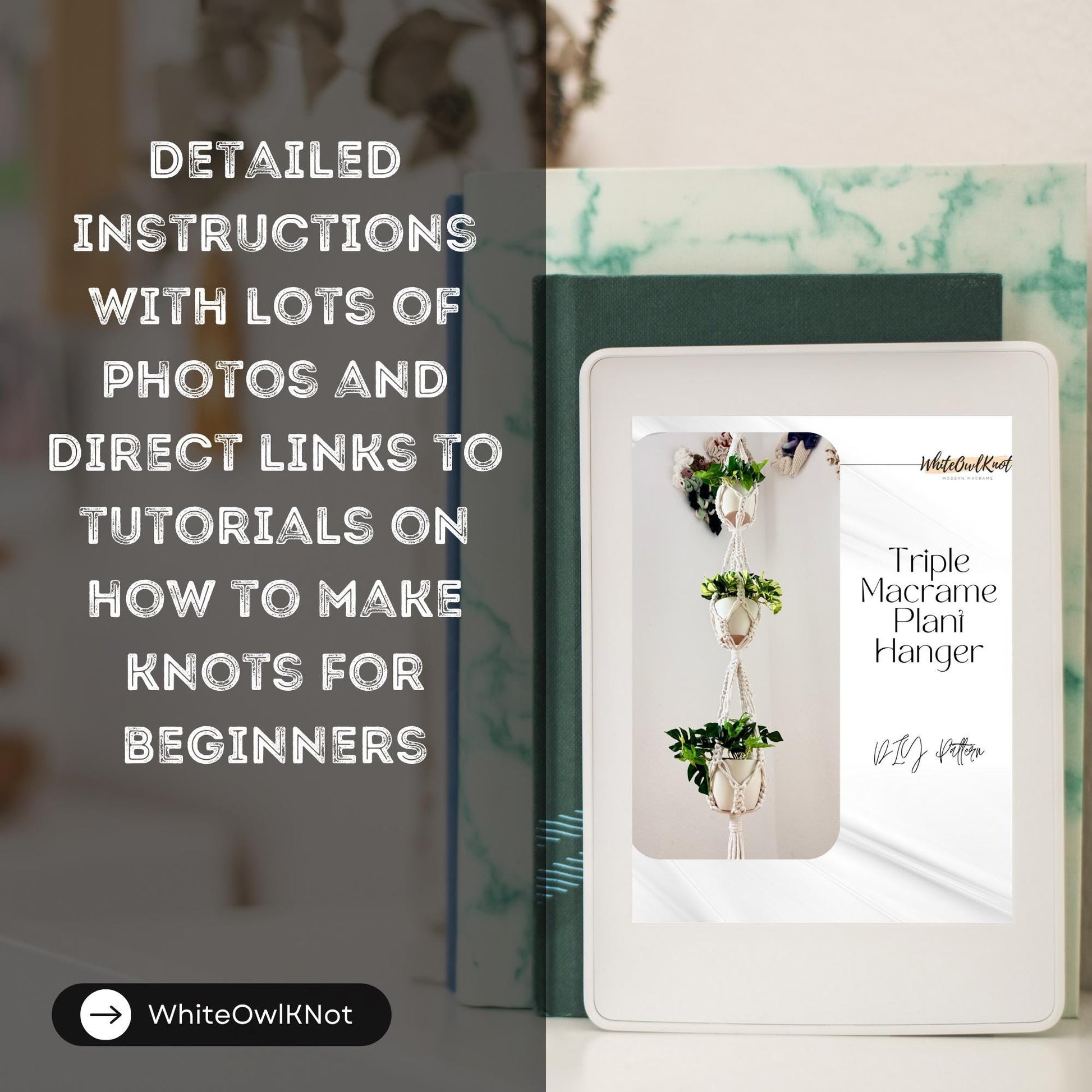 Book with a plant hanger design on the cover, featuring text about knot-making tutorials.