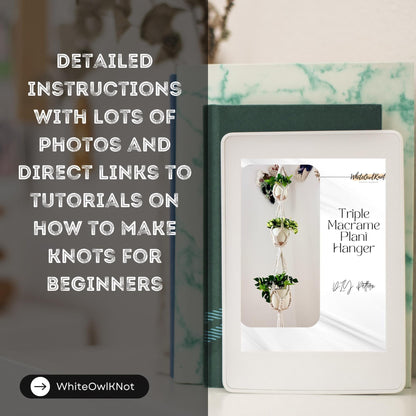 Book with a plant hanger design on the cover, featuring text about knot-making tutorials.