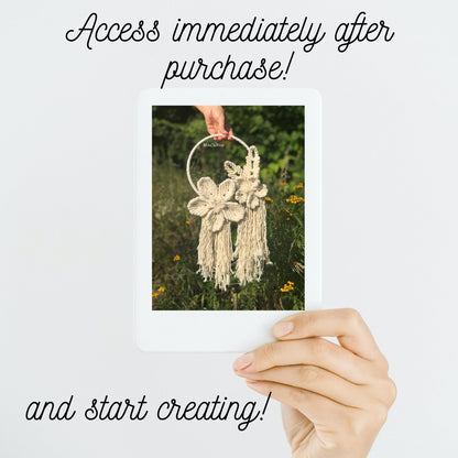 Hand holding a macrame wall hanging with text 'Access immediately after purchase! and start creating!' on a white background.