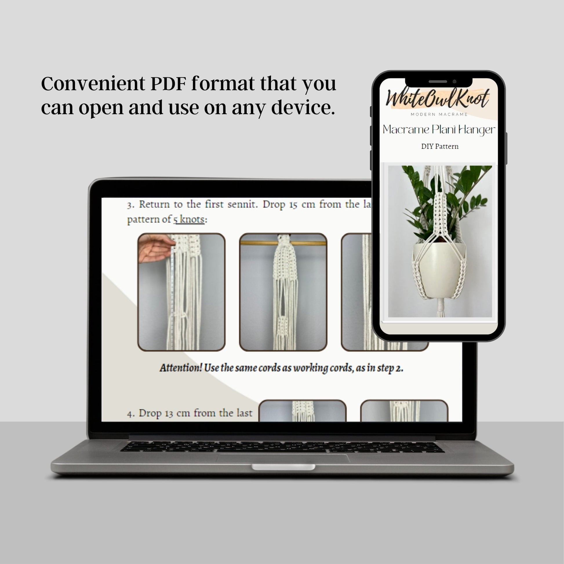 Laptop and smartphone displaying a PDF pattern on a light gray background