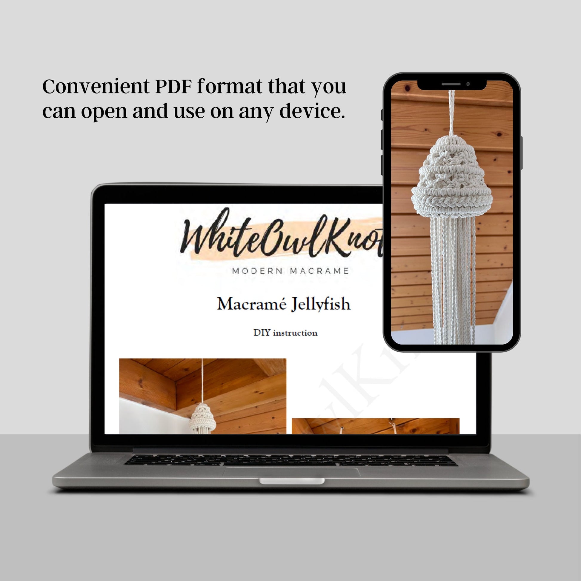 Laptop displaying a PDF with 'WhiteOwlKnots' branding, showing a macramé jellyfish project.