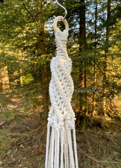 Macrame plant hanger hanging from a hook with trees in the background