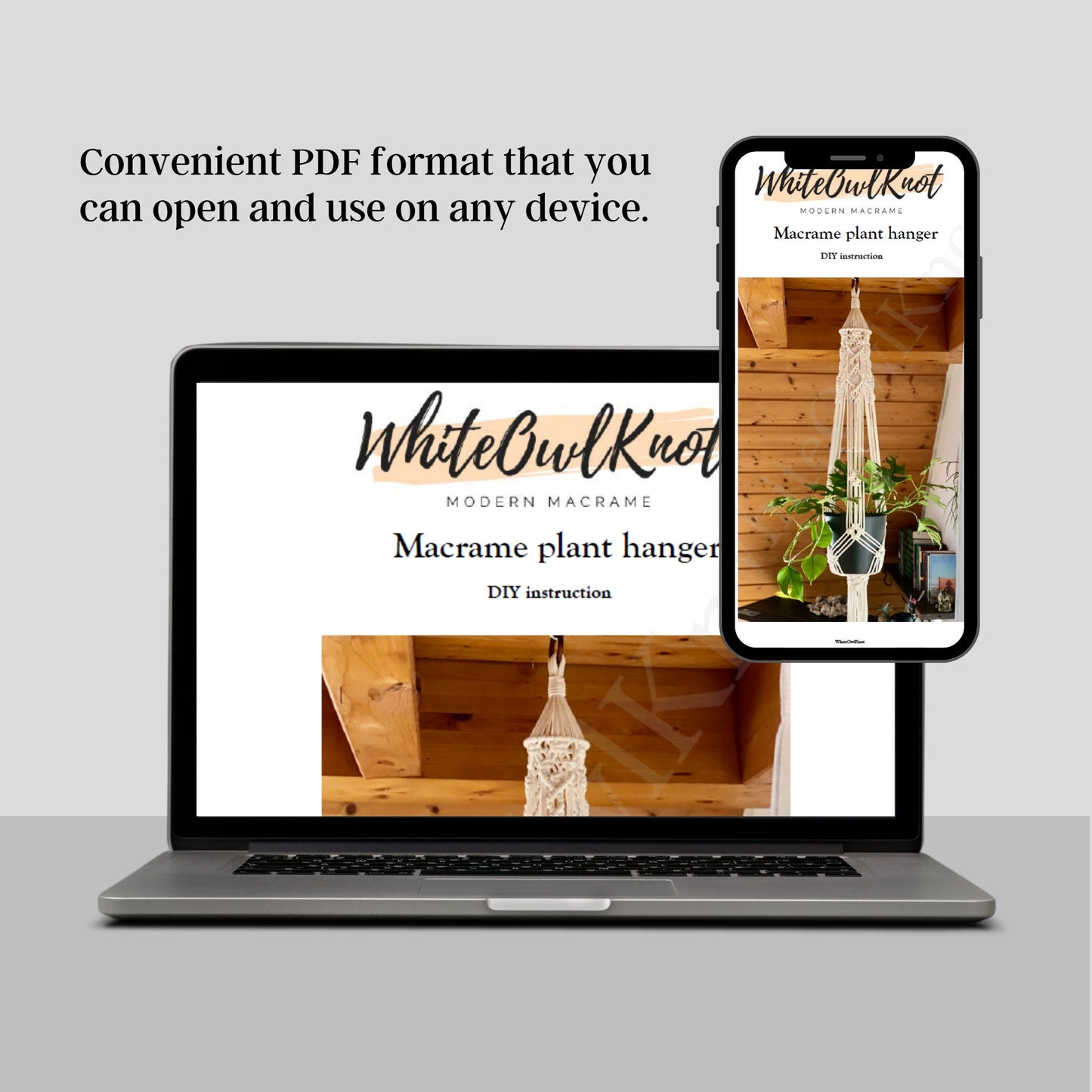 Laptop and smartphone displaying a WhiteOwlKnot macrame plant hanger DIY instruction PDF.