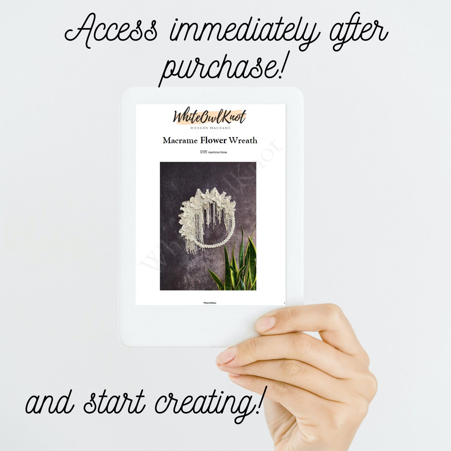 Hand holding a product packaging with text 'Access immediately after purchase! and start creating!'