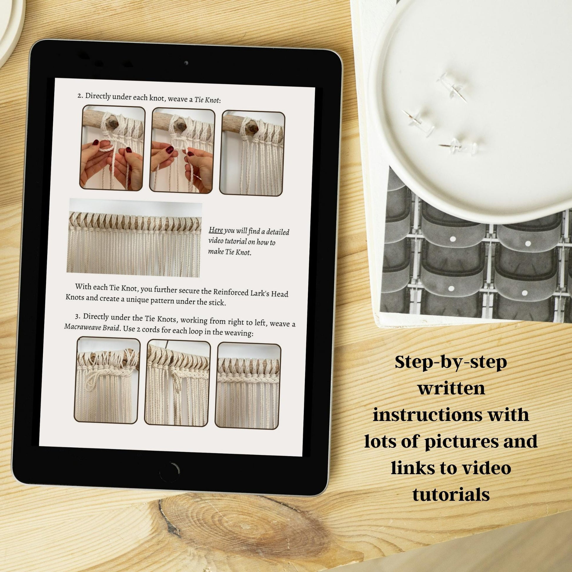 Tablet displaying step-by-step instructions with pictures on a wooden surface