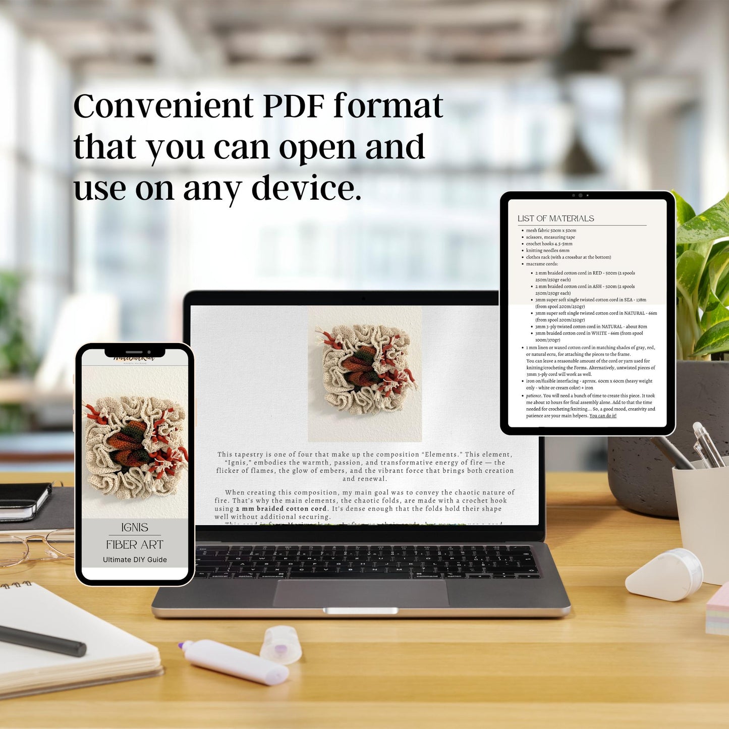 Laptop, smartphone, and tablet displaying PDF documents on a desk with a blurred office background.