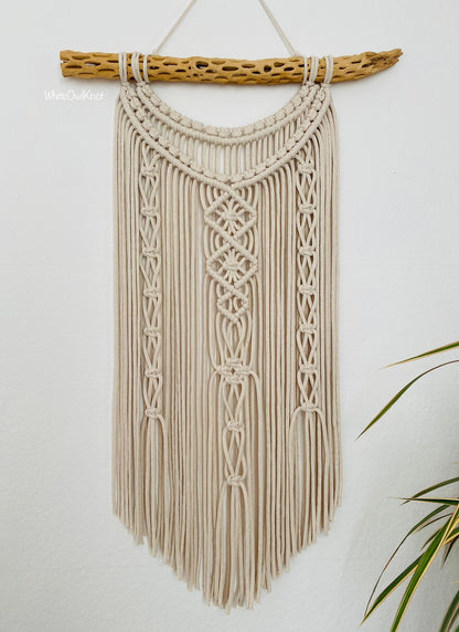 Macrame wall hanging with a plant on a white background