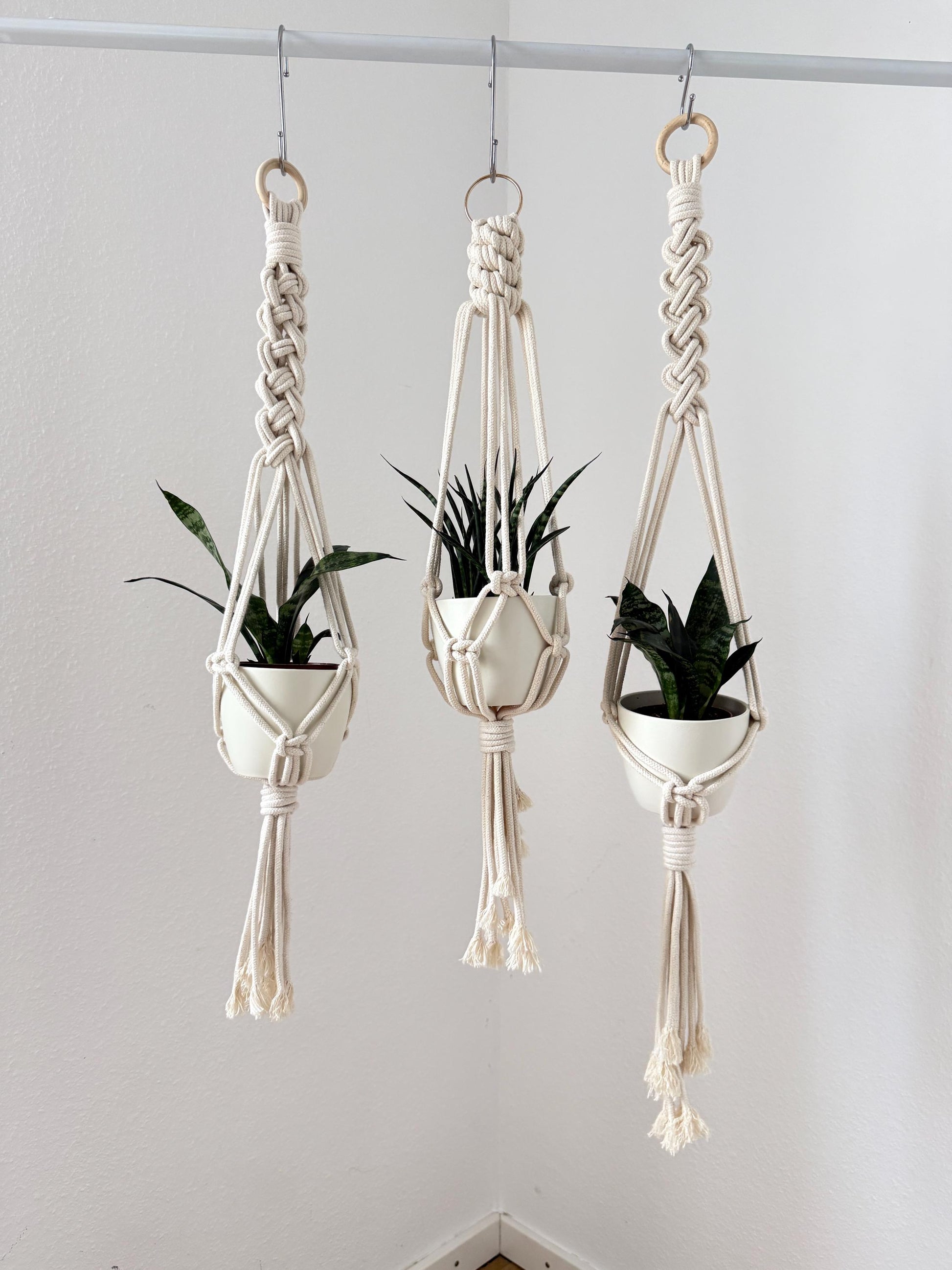 Three macrame plant hangers with plants against a white wall