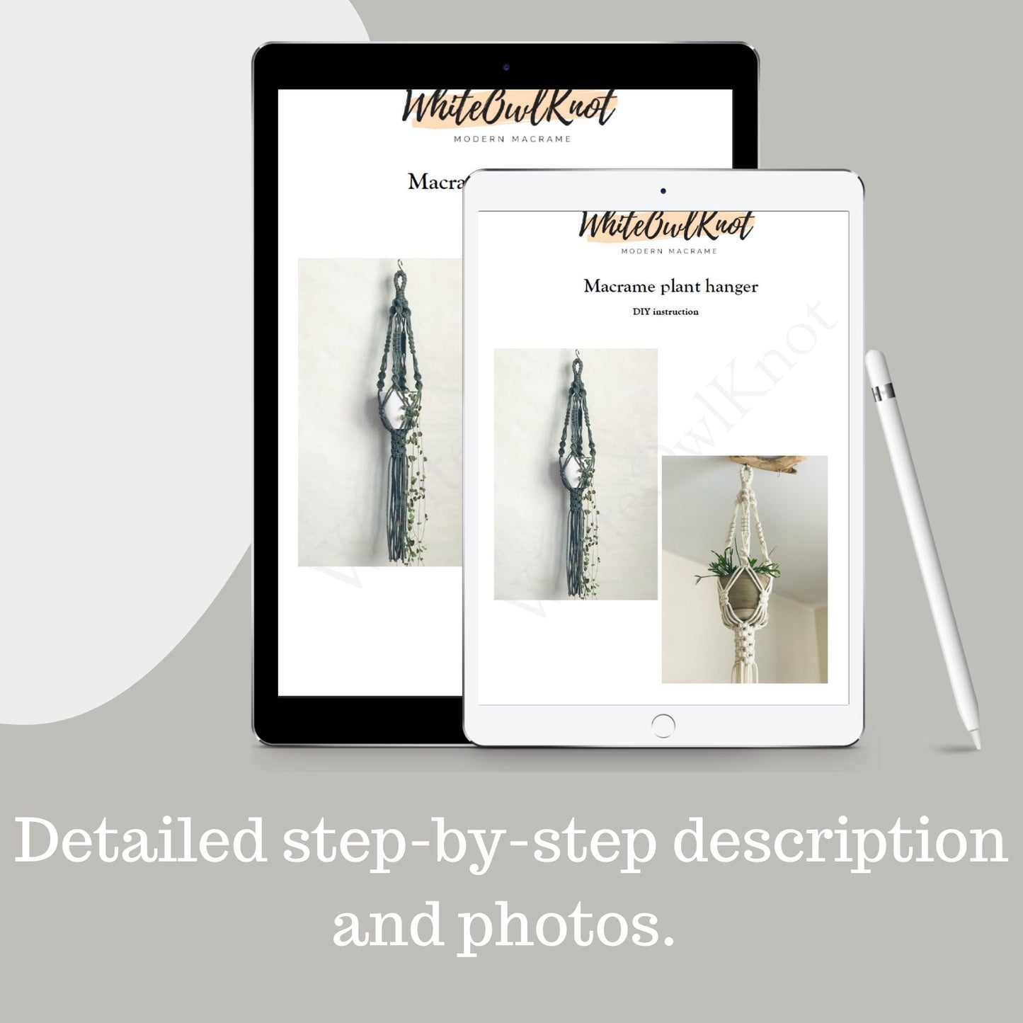 Two tablets displaying a Macrame plant hanger tutorial with 'WhiteOwlKnot' branding.