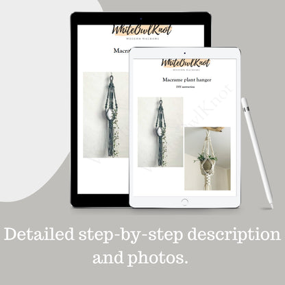 Two tablets displaying a Macrame plant hanger tutorial with 'WhiteOwlKnot' branding.