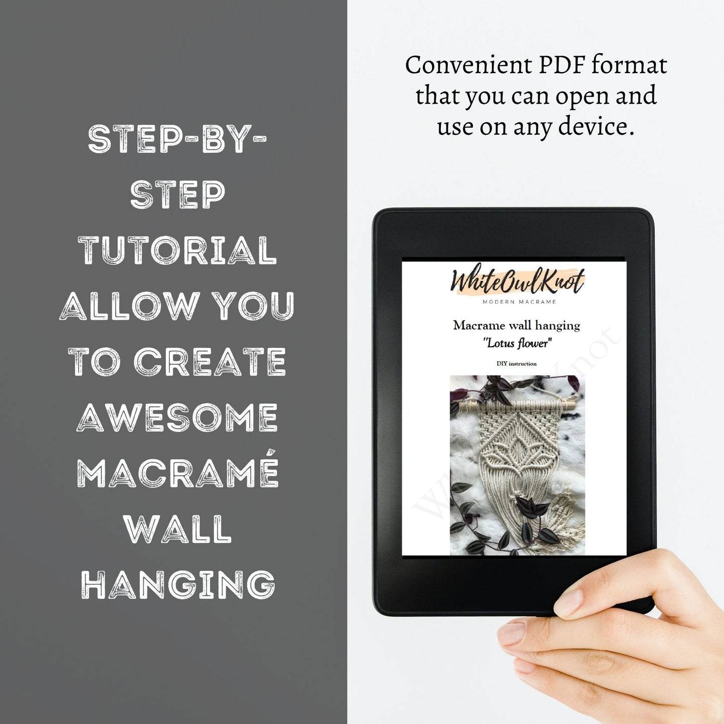 E-reader displaying a macramé wall hanging tutorial with text about PDF format and step-by-step tutorials.