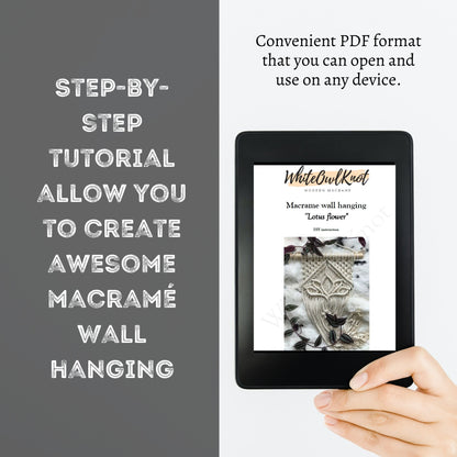 E-reader displaying a macramé wall hanging tutorial with text about PDF format and step-by-step tutorials.