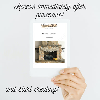 Hand holding a magazine titled 'WhiteOwlKnot' with text about accessing content immediately after purchase.