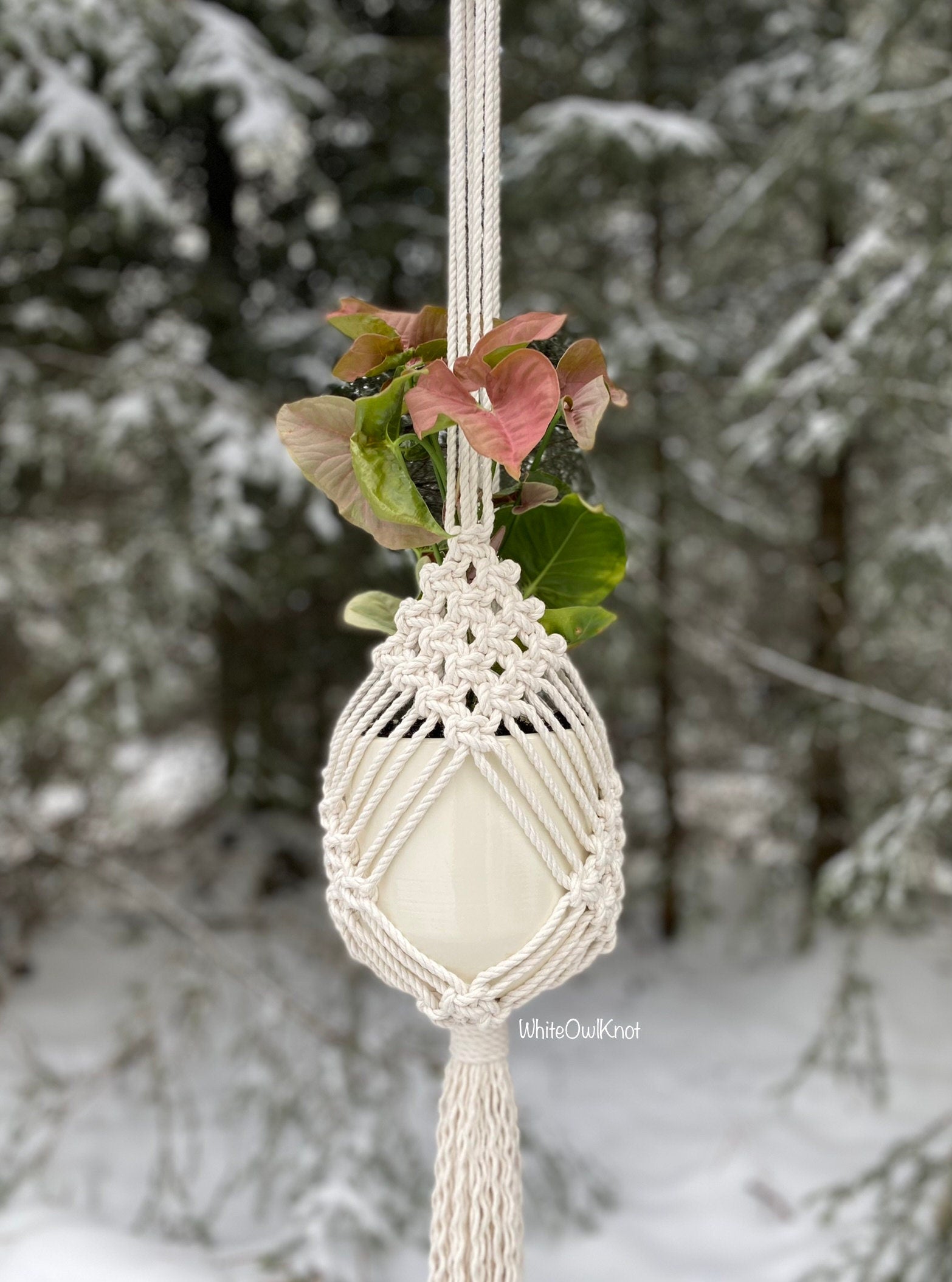 Macrame plant hanger with a white stone against a snowy forest background