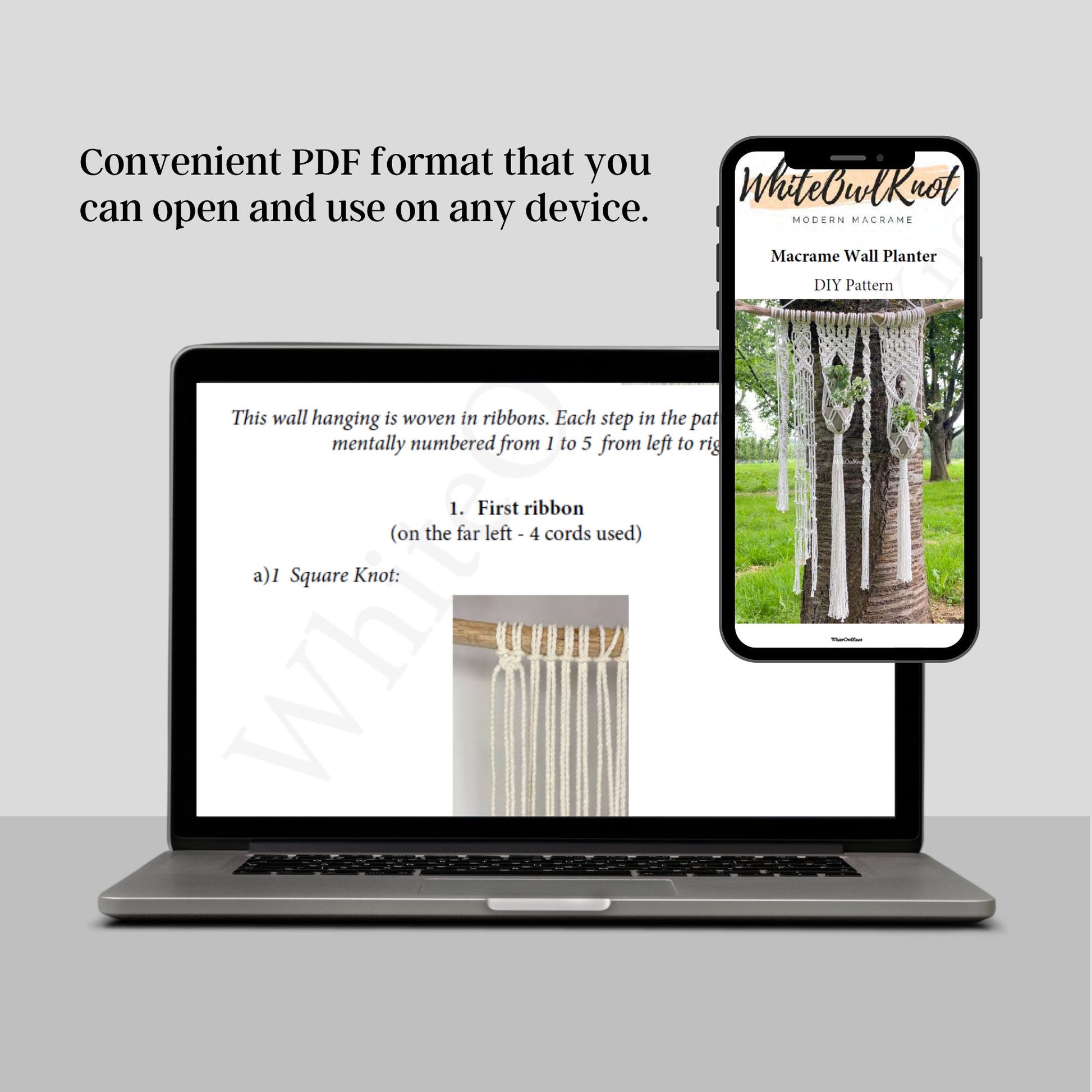 Laptop and smartphone displaying a PDF of a macrame wall planter pattern.