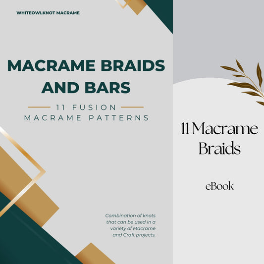Cover of 'Macrame Braids and Bars' eBook by Whiteowlknot Macrame with geometric design elements.