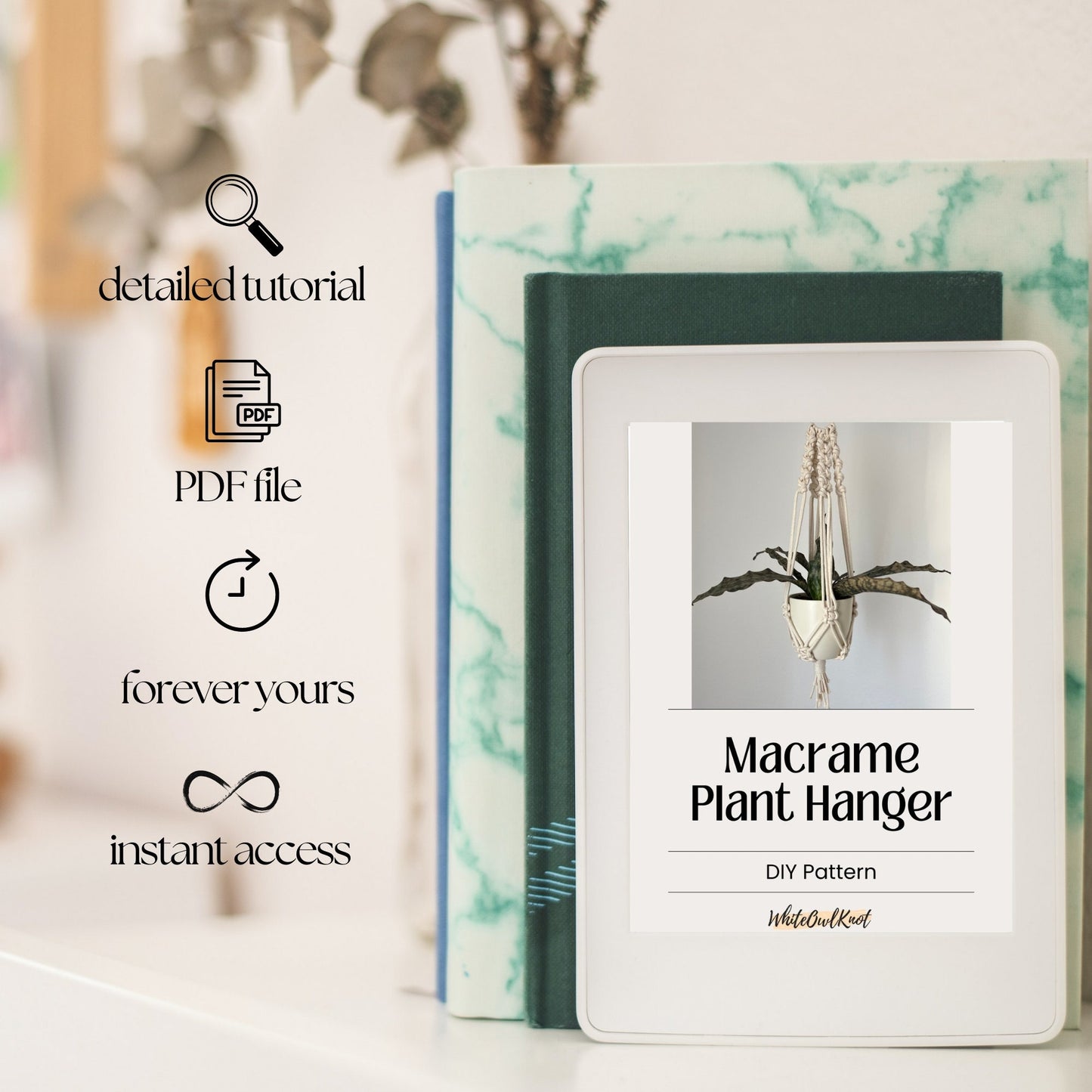 Macrame plant hanger DIY pattern book with digital download options on a blurred background