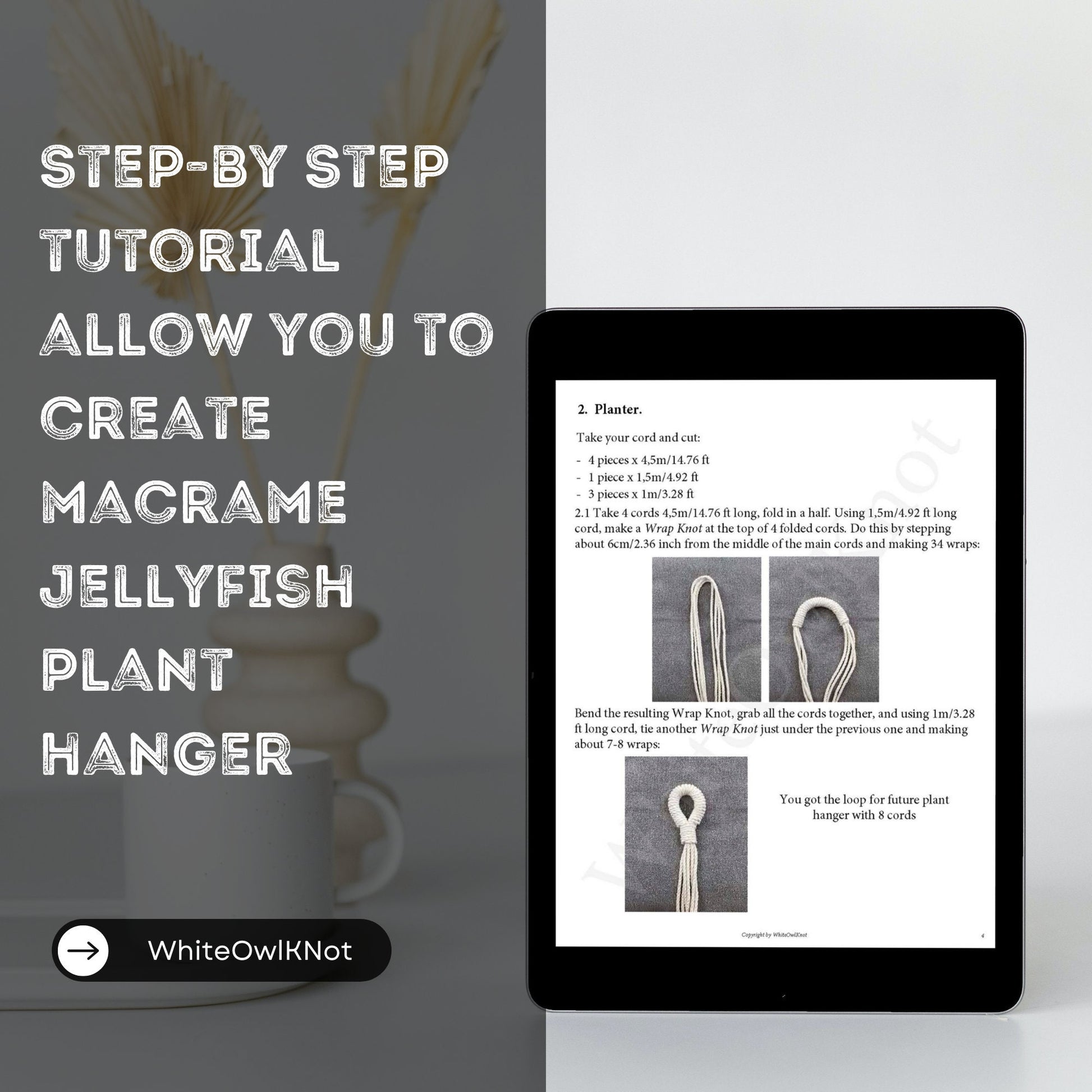 Tablet displaying a macrame jellyfish plant hanger tutorial with text overlay on a blurred background.