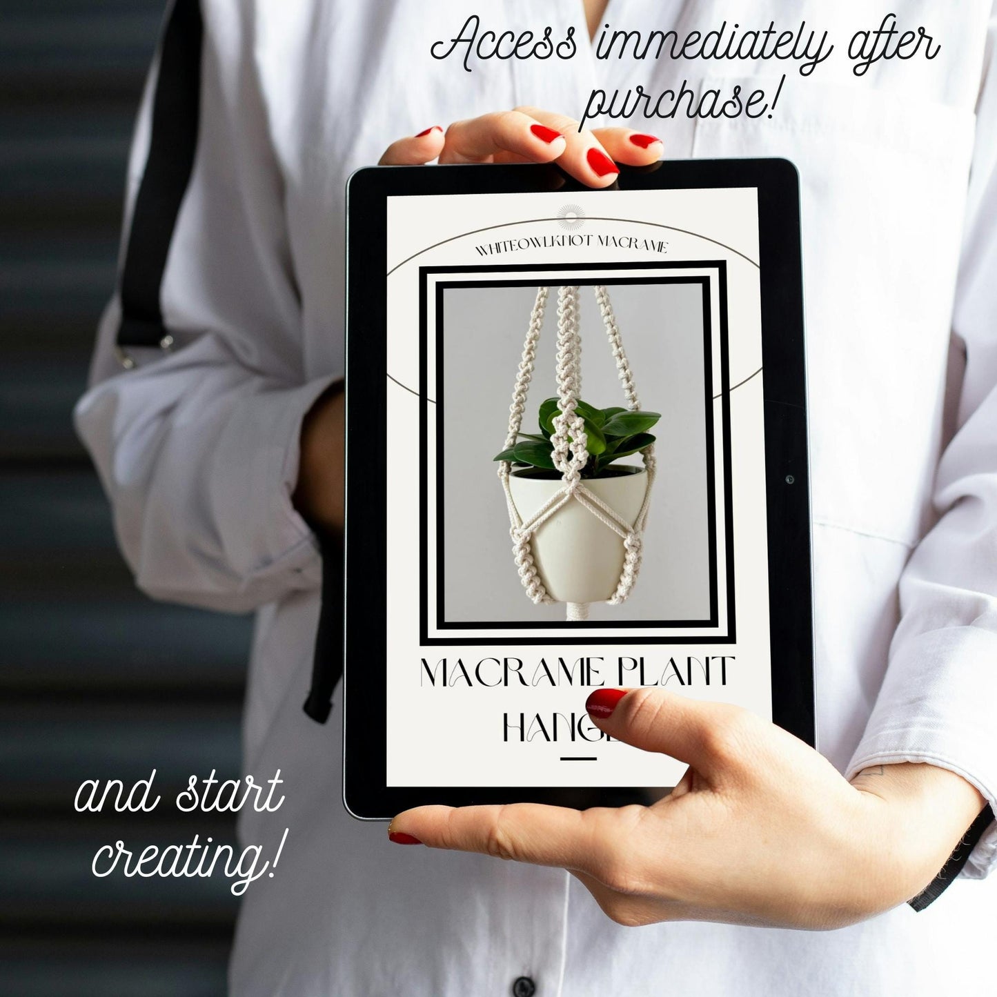 Person holding a tablet displaying a macrame plant hanger design.