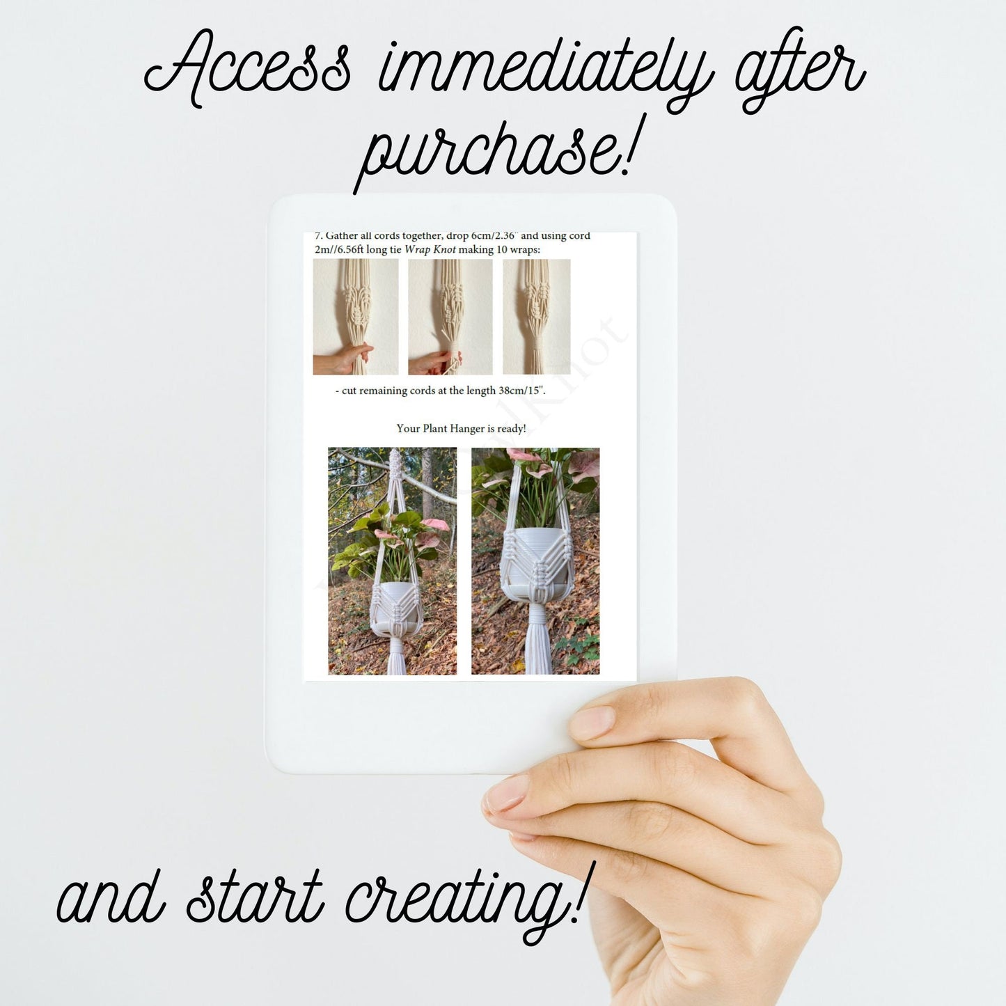 Hand holding a plant hanger with instructions on a white background