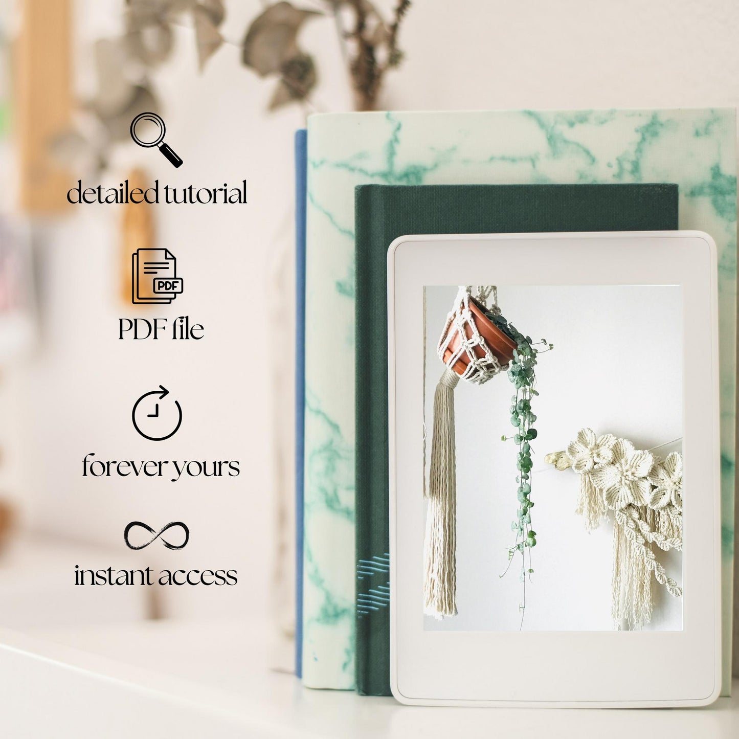 Decorative books with a floral arrangement on a blurred background