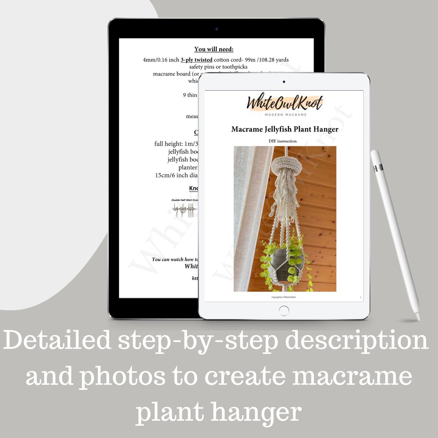 Two tablets displaying a macrame plant hanger tutorial with text and images.
