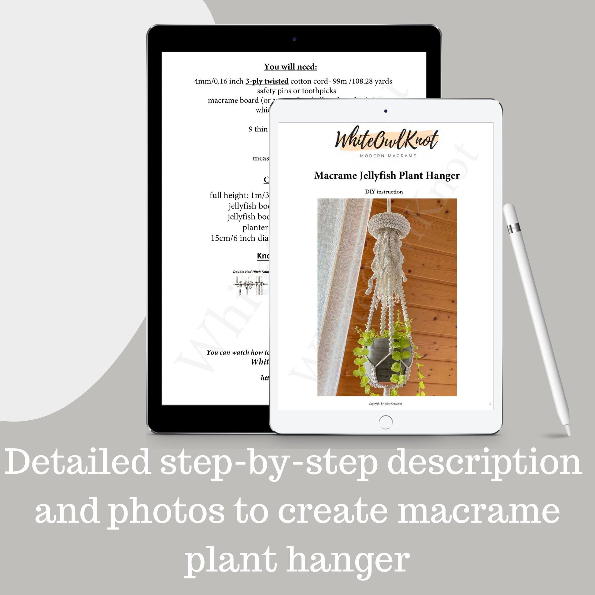Two tablets displaying a macrame plant hanger tutorial with text and images.