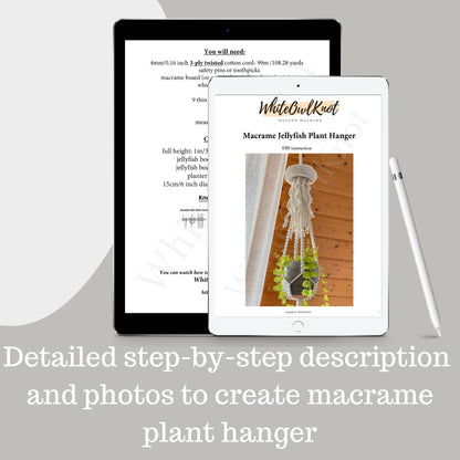 Two tablets displaying a macrame plant hanger tutorial with text and images.