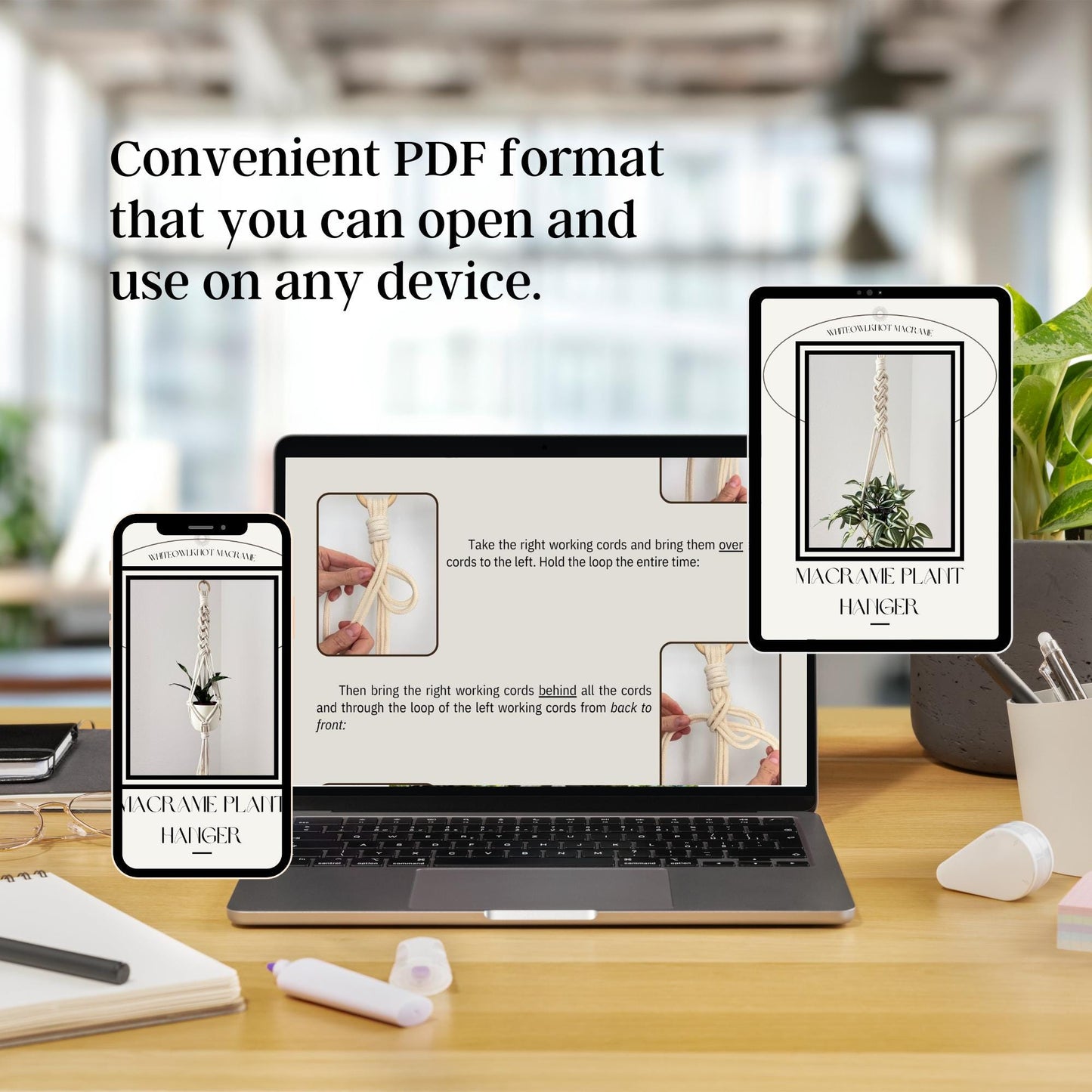 Laptop displaying a PDF on a desk with text 'Convenient PDF format that you can open and use on any device.'