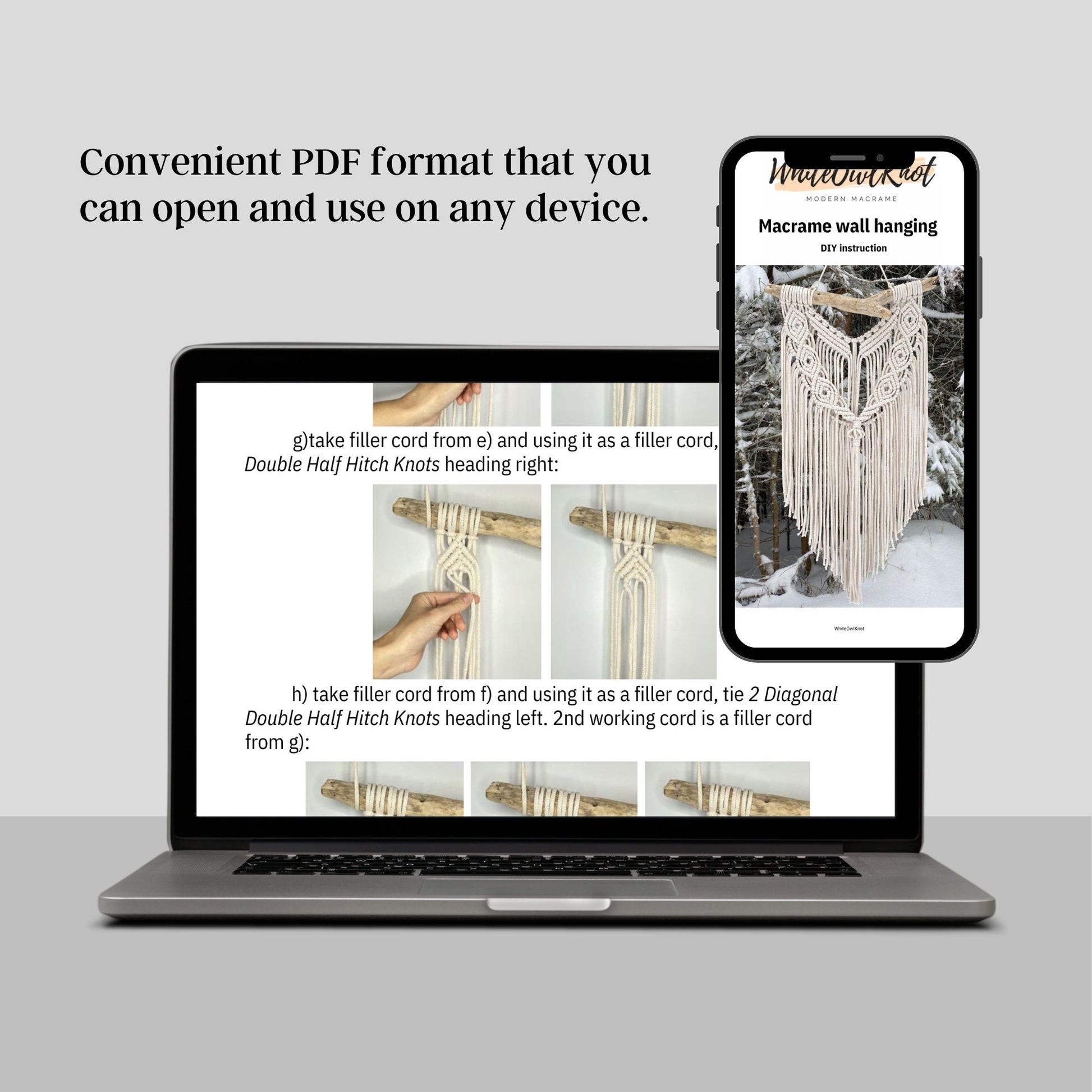 Laptop displaying a PDF with macrame instructions, next to a smartphone showing a macrame wall hanging image.
