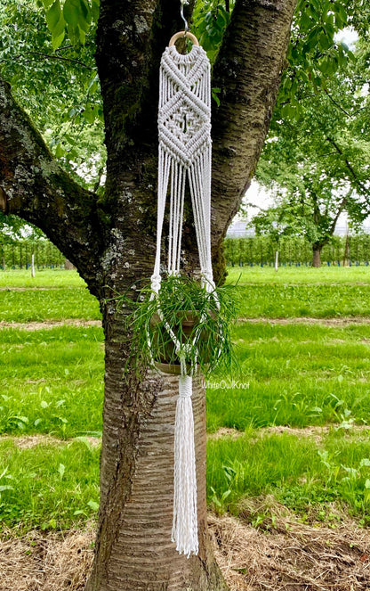 Macrame wall hanging with white fringes hanging from a tree in a grassy outdoor setting.