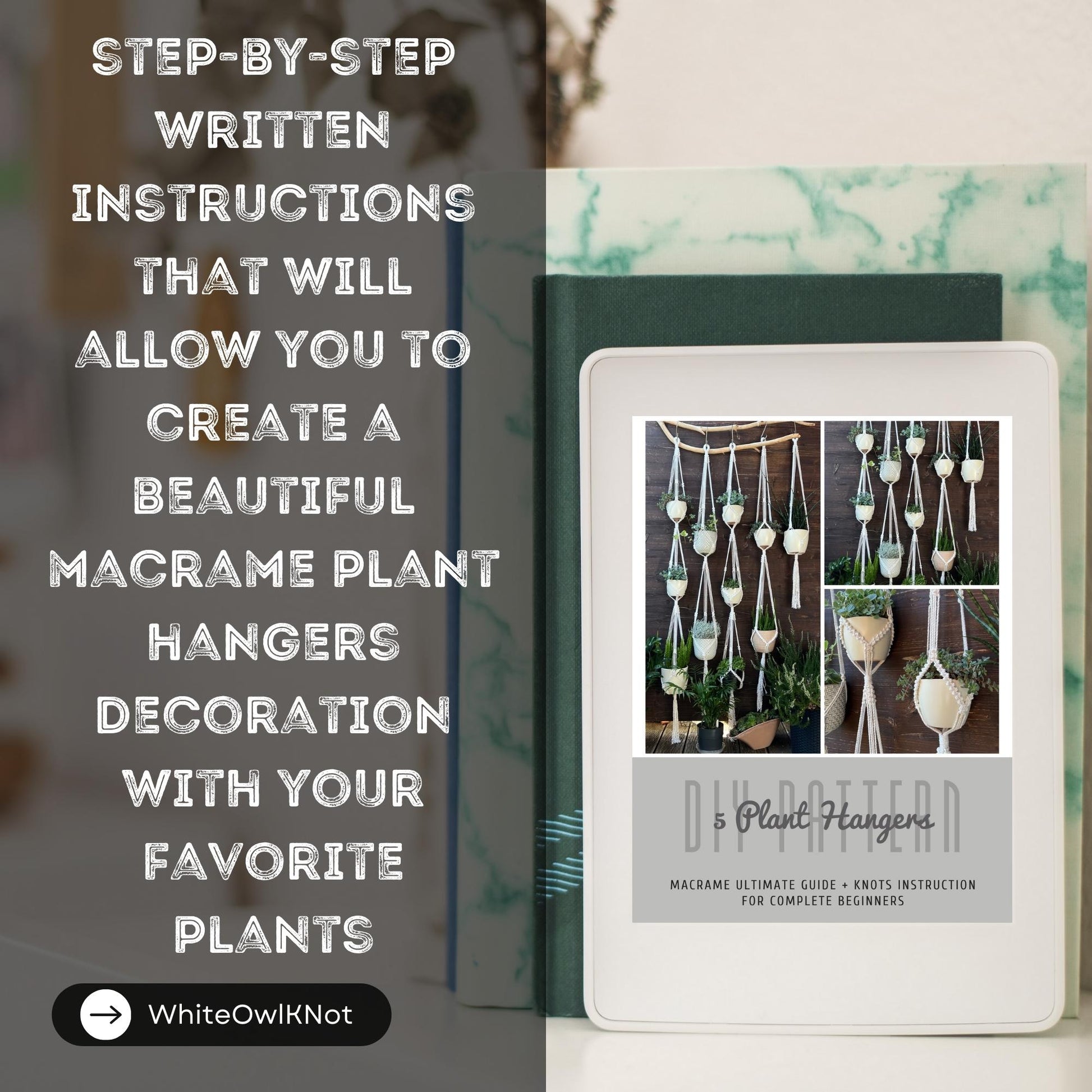 Book titled '5 Plant Hangers' with text about macrame plant hangers on a blurred background