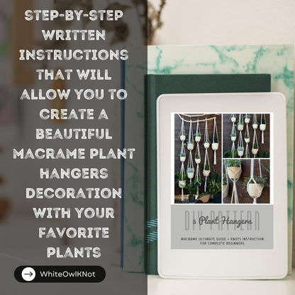 Book titled '5 Plant Hangers' with text about macrame plant hangers on a blurred background