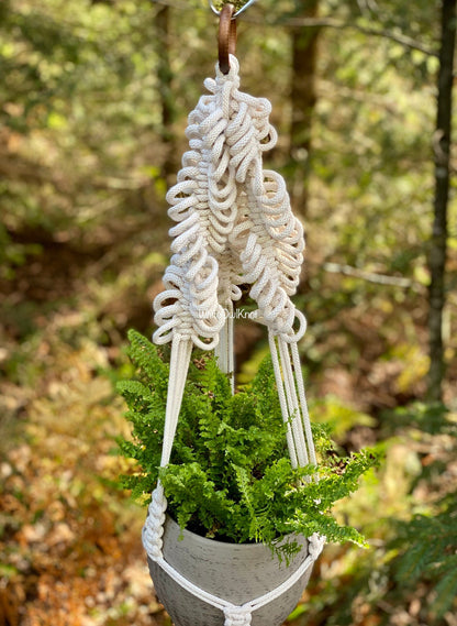 Macrame plant hanger with a potted plant in a forest setting