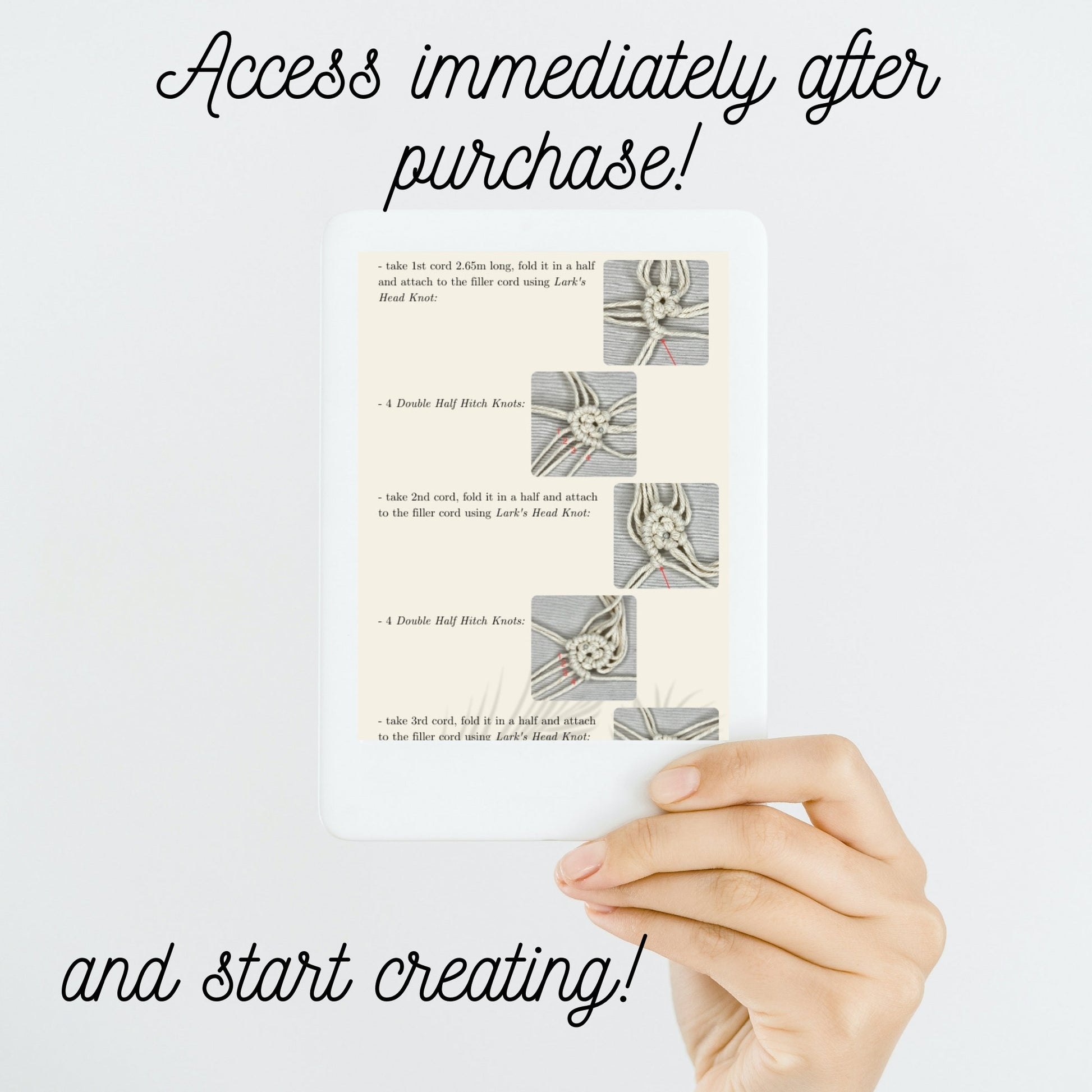 Hand holding a product with text about immediate access after purchase