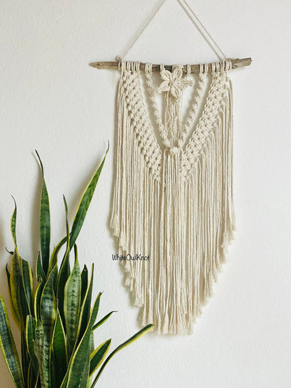 Macrame wall hanging on a white wall with a plant in the foreground
