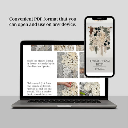 Laptop and smartphone displaying a PDF with floral coral reef design on a gray background