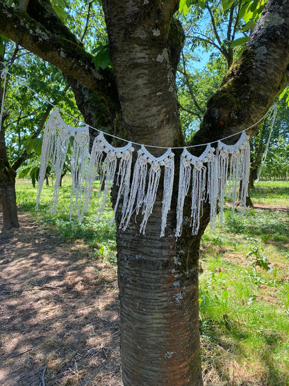 Macrame string art hanging on a tree trunk outdoors