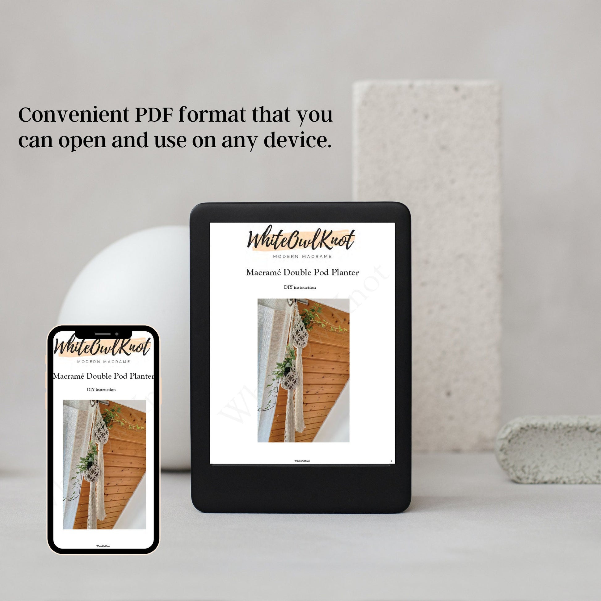 Digital planner app on a tablet and smartphone with text about convenient PDF format.
