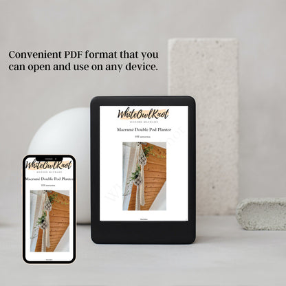 Digital planner app on a tablet and smartphone with text about convenient PDF format.